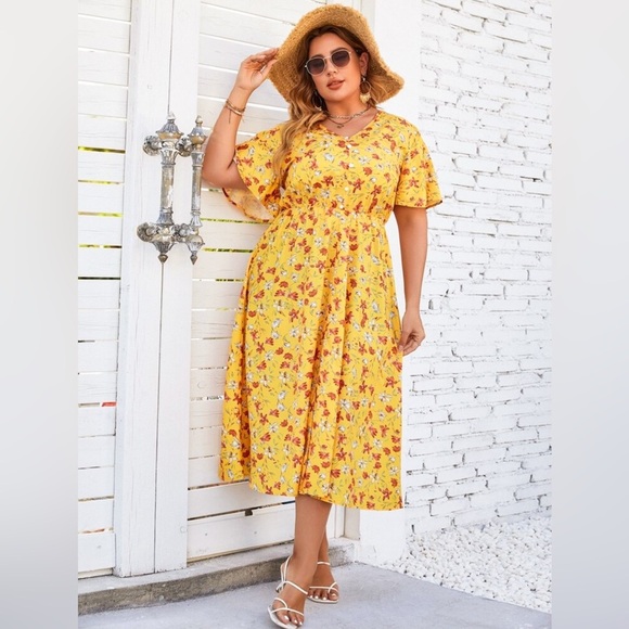 SHEIN Curve 3XL Yellow Floral Midi Dress V-Neck A-Line Plus Size Vacation/Cruise - Picture 12 of 13